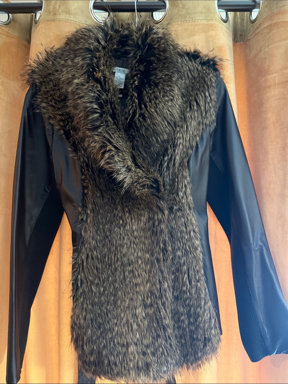 Cache Brown Leather Jacket with Brown Faux Fur Front Back and Collar
